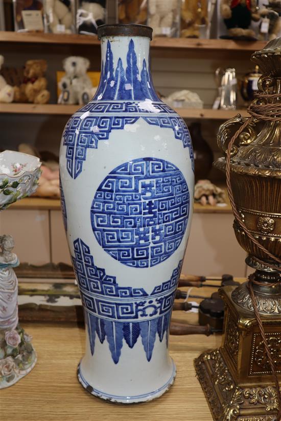 A large 19th century Chinese blue and white baluster vase height 58cm (a.f.)